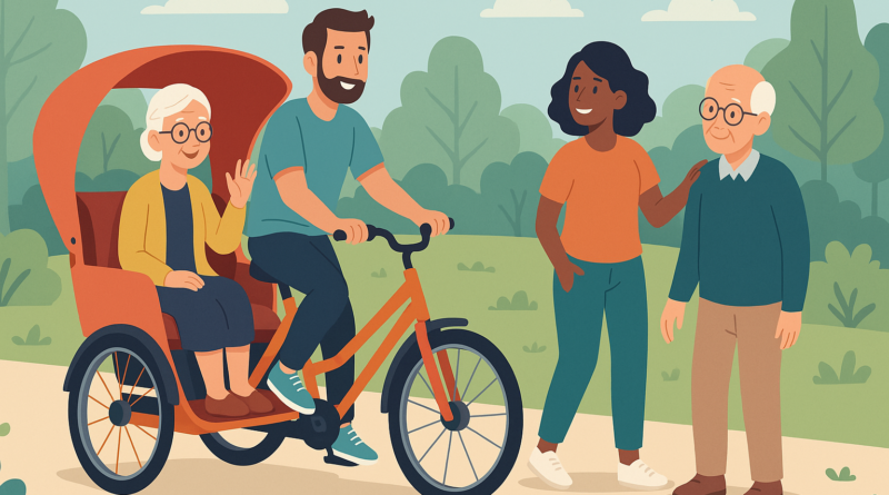 Illustration einer Rikscha mit einer älteren Dame als Fahrgast von KI erstellt