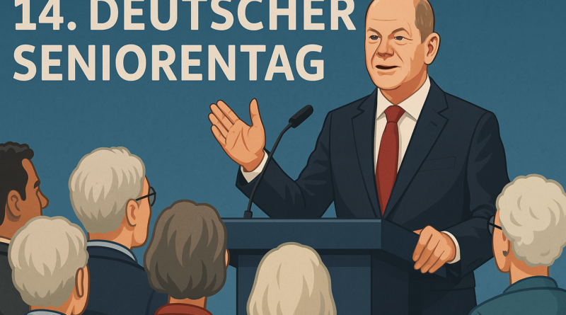 Illustration Olaf Scholz als Redner auf dem deutschen Seniorentag erstellt mittels KI